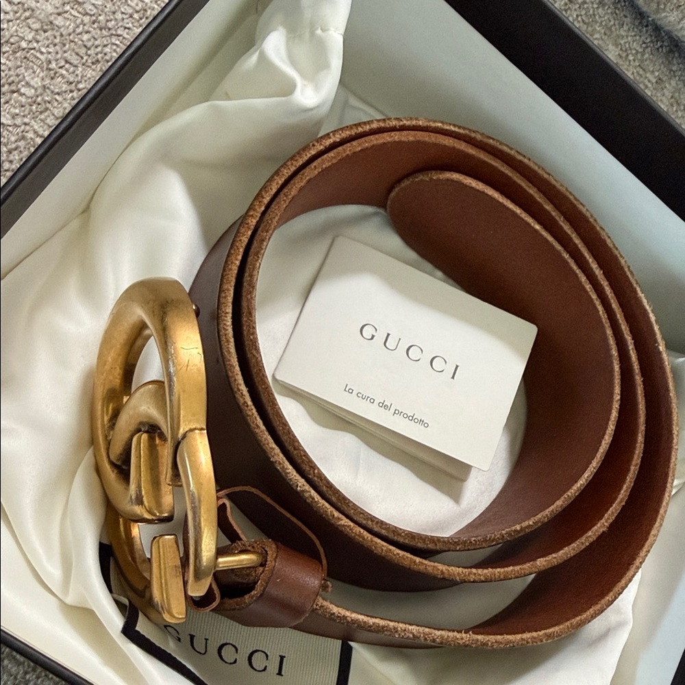 Gucci Brown Leather Belt with Gold Chain Buckle